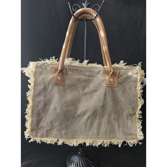 Myra Bags Upcycled Canvas Handbag Sel De Mer Beige Tote Nordstrom 13x10 Fringe - Picture 2 of 7